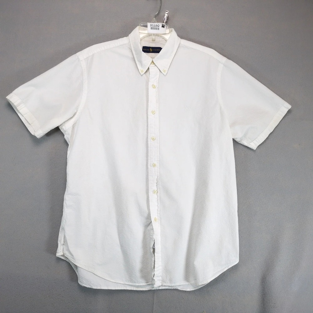 Ralph Lauren White Seersucker Button Down Shirt Men's XL Tonal Pony Short Sleeve